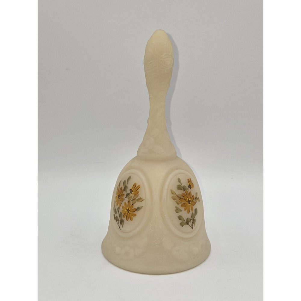 Fenton Ivory Satin‎ Glass Bell Hand Painted Floral Signed J.K. Kisner Frosted